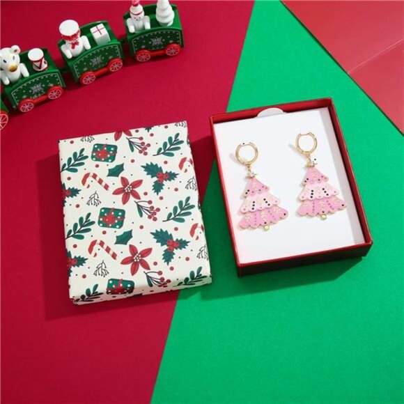 ✨ Pink Christmas Tree Earrings | Festive Holiday Dangle Jewelry | Gold Star - Picture 4 of 5